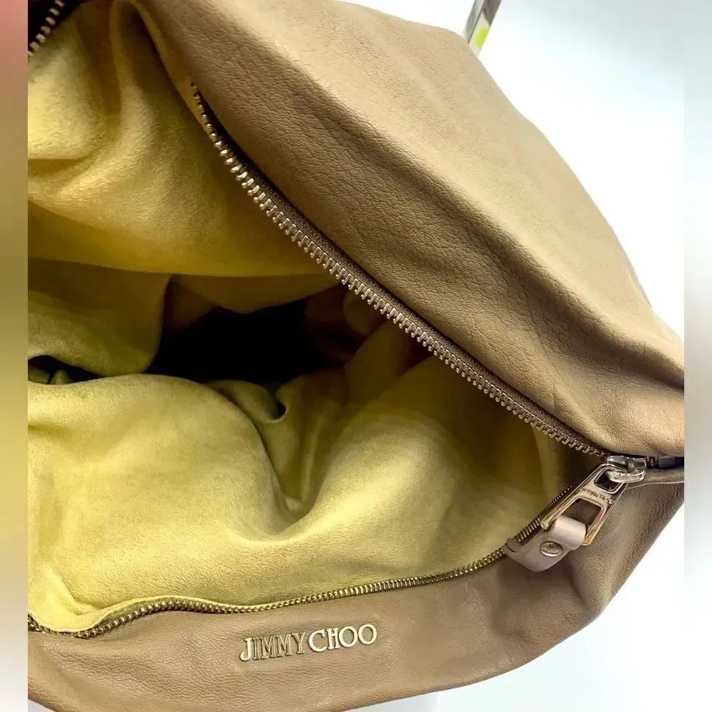 Auth Jimmy Choo Taupe Biker Chain Relaxed Hobo Bag. Excellent Preloved Satchel.